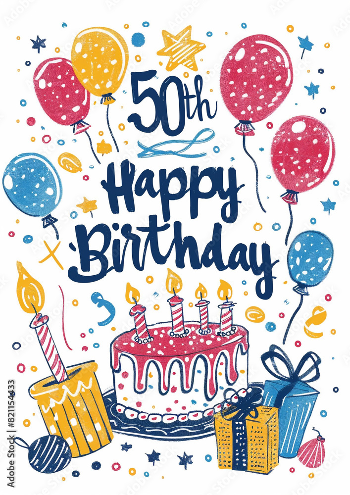 Card of Happy 50th Birthday surrounded by a cake with candles, milestone, celebration Card of Happy 50th Birthday surrounded by a cake with candles, milestone, celebration