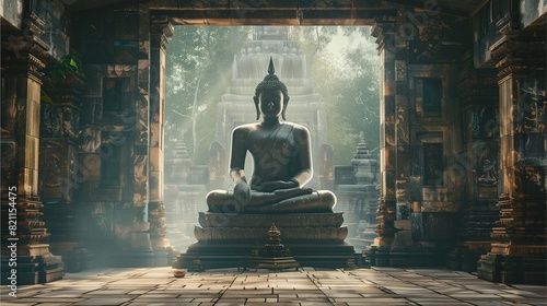 Buddha statue in Thai temple  symbolizing tranquility  meditation  and spirituality amidst ancient Asian culture