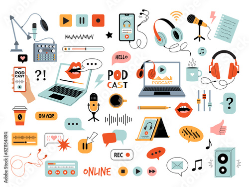 Podcast tools. Streaming web show digital devices tablets laptop speakers microphones headphones recent vector flat pictures set