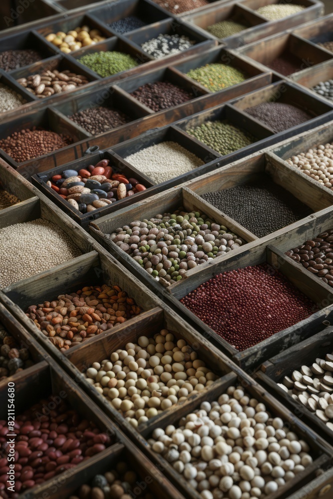 custom made wallpaper toronto digitalTop view of various types of dried vegetables, stone fruits, and spices in rectangular wooden boxes.