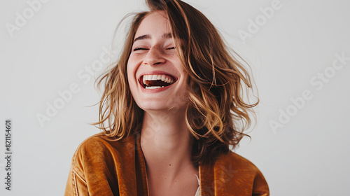 A young woman with brown curly hair is pictured laughing with her eyes closed. She's wearing a mustard yellow coat and a light brown scarf. Her head is thrown back in laughter photo