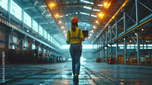 Female engineering worker wearing a safety uniform and hard hat with a tablet computer. Serious industrial specialist walking in a metal manufacturing warehouse.
