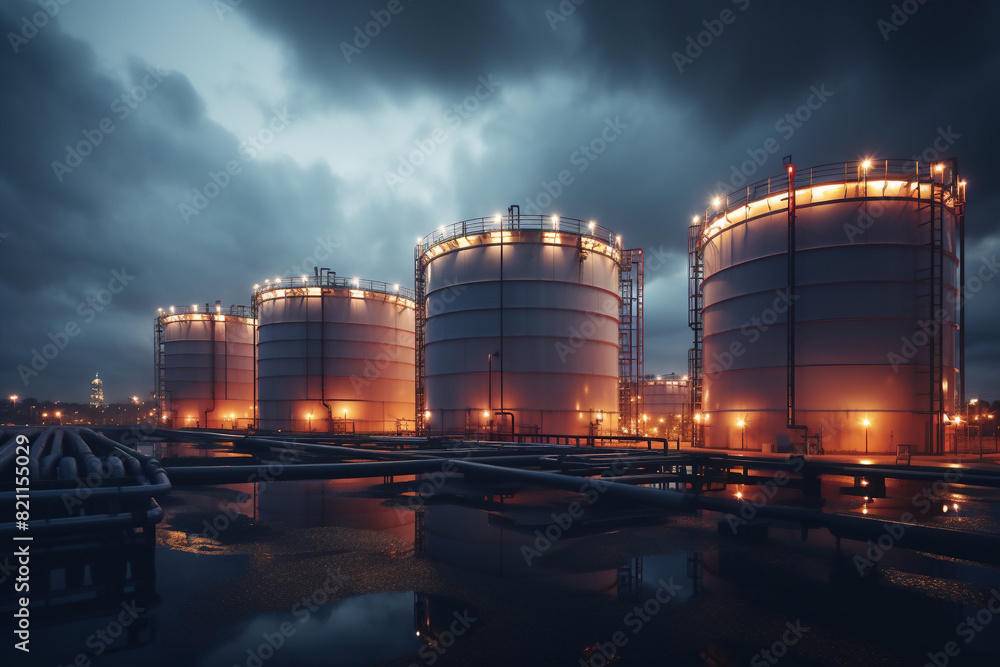 Close up of oil and gas terminal storage tanks of industrial plant or industrial refinery factor with a cloudy sky at night; in a forest environment the future of energy