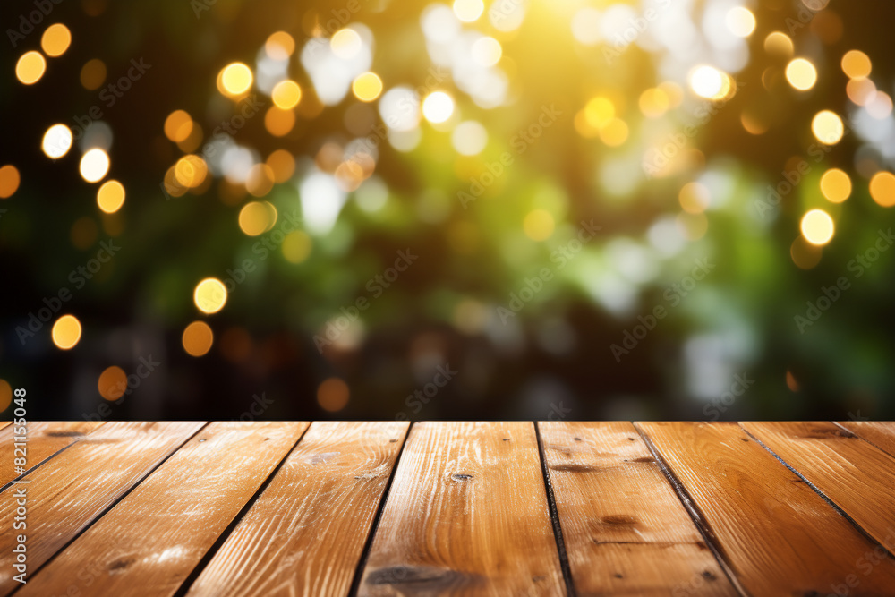 Empty wooden planks or tabletop in front of a blurred bokeh green background with water drops and maximalist background a product display background or wallpaper concept with front-lighting Empty wooden planks or tabletop in front of a blurred bokeh green background with water drops and maximalist background a product display background or wallpaper concept with front-lighting