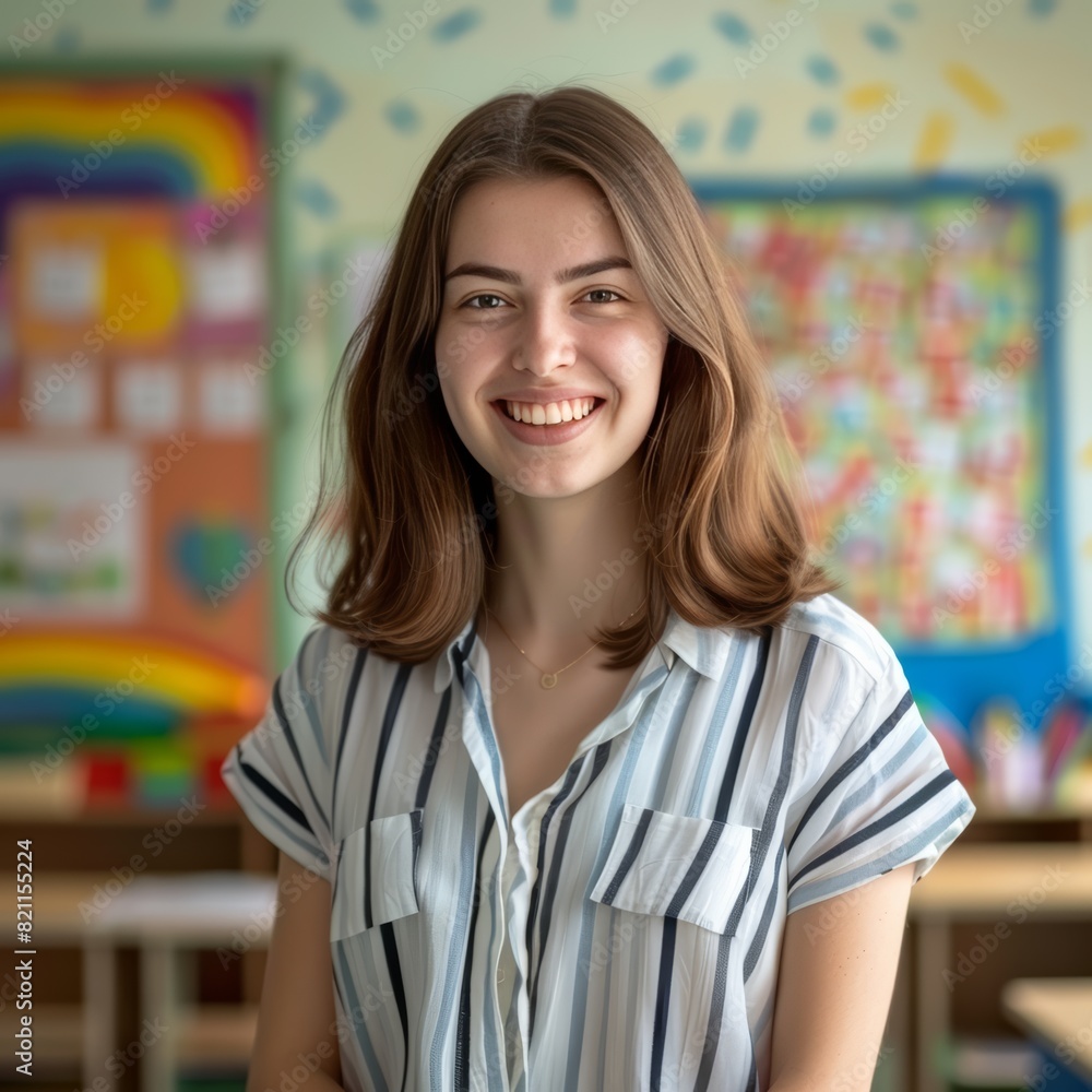 Female Teacher in Classroom with Confident Smile in School Setting