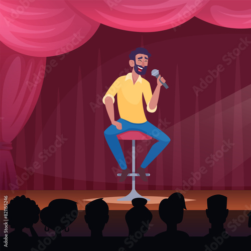 Comedian stand up comedy characters sitting on scene and holding microphone