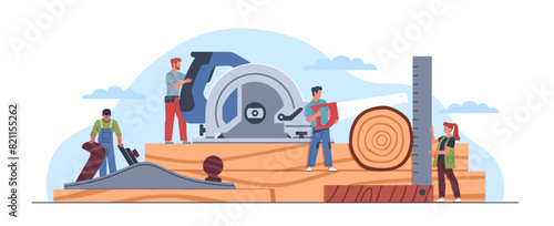 Tiny craftsmen with tools. Carpenters team workers saw, plan, measure wooden product, professionals in work clothes. Woodwork studio cartoon flat style isolated nowaday vector concept