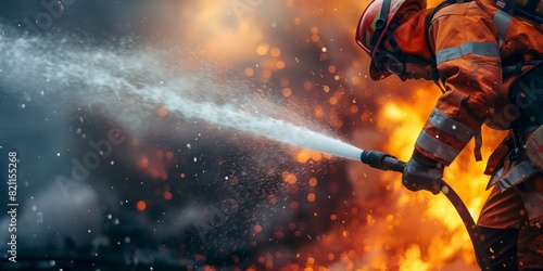 Firefighter in protective gear is using a high-pressure water hose to fight a blaze