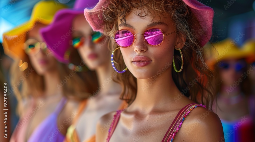 Fototapeta premium fashion show with beautiful stylish young female models with sunglasses in fine casual colorful outfits . 