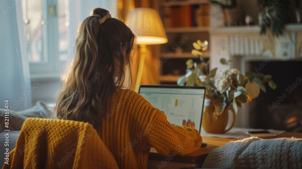 An image of a young female using a laptop computer while reading the latest news for market analysis in her home living room. An image of a young female using a laptop computer while reading the latest news for market analysis in her home living room.