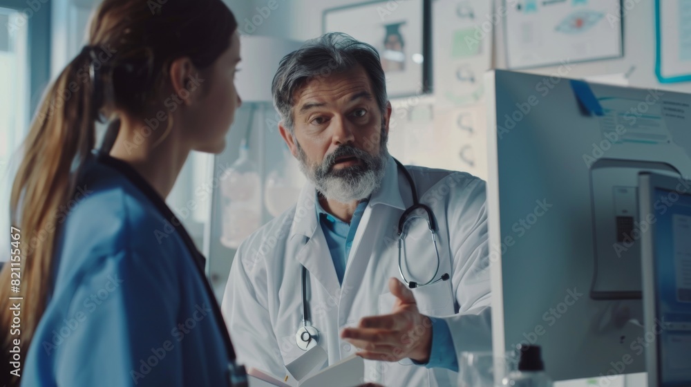 Using desktop computer, physician discusses test results with professional nurse. Health care specialists discuss prescription medicine, treatment, and test results. Using desktop computer, physician discusses test results with professional nurse. Health care specialists discuss prescription medicine, treatment, and test results.