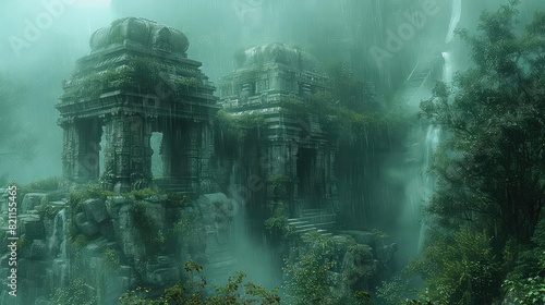 An ancient temple hidden within a dense forest in a mountain valley  side view  revealing hidden secrets of the past  futuristic tone  Monochromatic Color Scheme