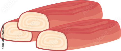 Cartoon image of three red and white deli meat sticks, isolated on white background