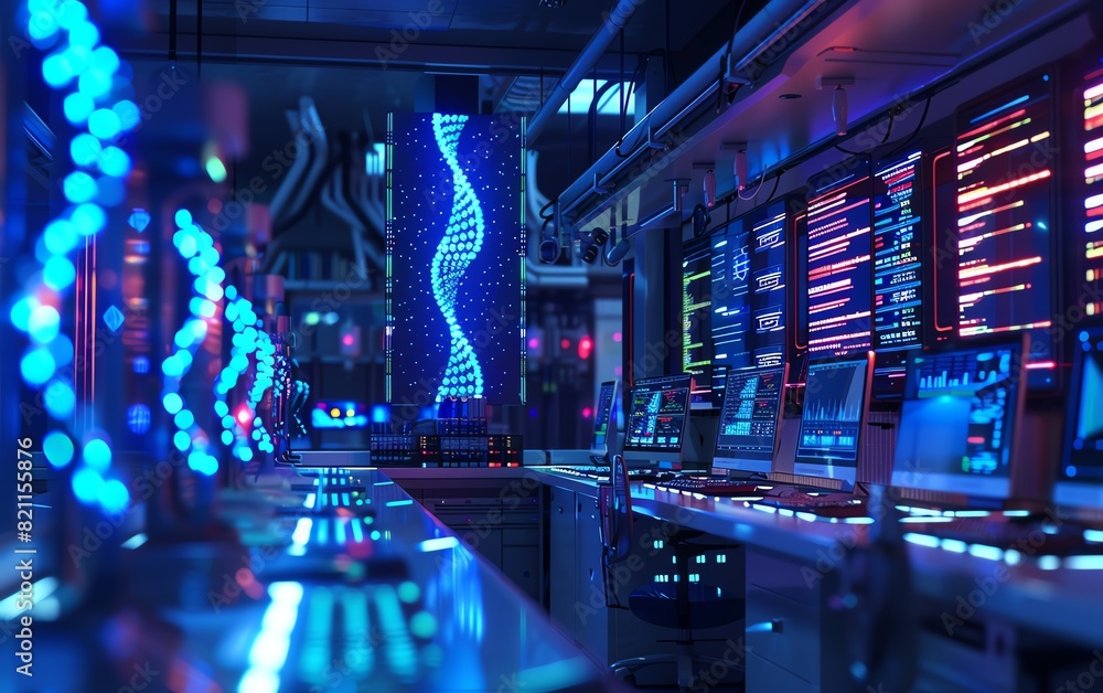 Produce a detailed image of a cuttingedge bioinformatics lab with computers analyzing DNA sequences and 3D genome models Produce a detailed image of a cuttingedge bioinformatics lab with computers analyzing DNA sequences and 3D genome models