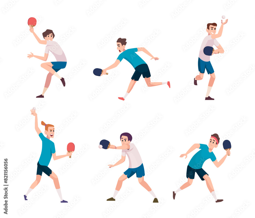Ping-pong. Sport action game athletes in action poses ping pong players with little ball and rackets exact vector table tennis game