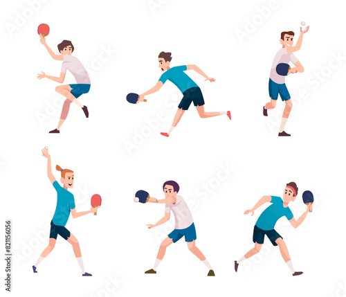 Ping-pong. Sport action game athletes in action poses ping pong players with little ball and rackets exact vector table tennis game
