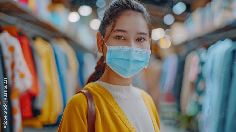 The beautiful female customer wearing the protective face mask is shopping in a clothing store. Diverse people choosing stylish clothes and sustainable designs in a fashionable retail store. The beautiful female customer wearing the protective face mask is shopping in a clothing store. Diverse people choosing stylish clothes and sustainable designs in a fashionable retail store.