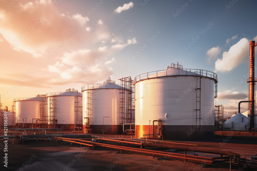 Close up of oil and gas terminal storage tanks of industrial plant or industrial refinery factor with a clear sky at sunset; in a forest environment the future of energy Close up of oil and gas terminal storage tanks of industrial plant or industrial refinery factor with a clear sky at sunset; in a forest environment the future of energy
