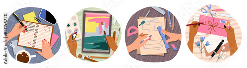 Human hands hold writing and drawing supplies. People draw, write and take notes, top view of desktop, office supplies, creative hobbies, cartoon flat style isolated, tidy vector set