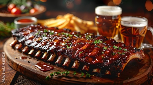 ribs bbq in restaurant whit two bootle of beer and glass full of beer with foam, wooden table photo