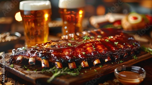  ribs bbq in restaurant with two bootle of beer and glass full of beer with foam, wooden table photo