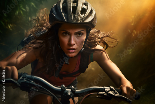 A stunning foto of a adult and Latin woman riding her bicycle on a track in a forest, a frontside portrait of a girl racing her mountain-bike through a lush jungle at mid-day