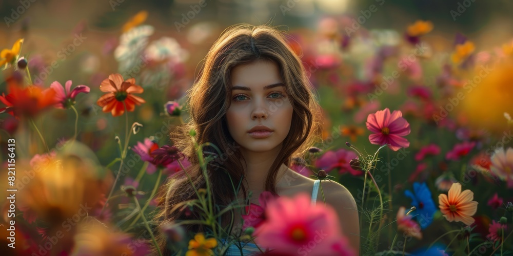 Naklejka premium a beautiful young woman in flower garden, facing forward, long hair