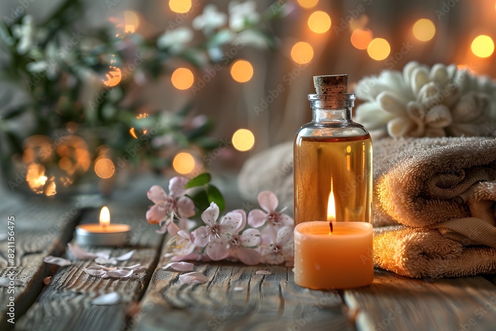 Candles and towels displayed on a table with flowers and a lit candle Candles and towels displayed on a table with flowers and a lit candle