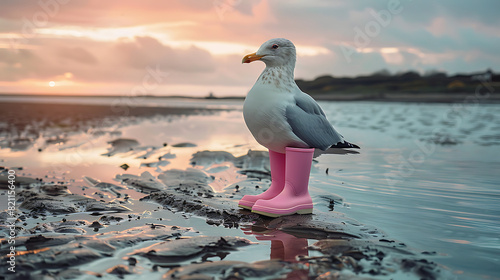 A pink-booted seagull stands amidst the tidal flats, embodying quirky charm. Playful contrast between nature and whimsy, perfect for eclectic visual concepts seeking originality