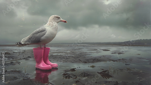 A pink-booted seagull stands amidst the Watt mud, embodying whimsical coastal charm, blending nature with playful fashion, captured in vibrant hues for creative projects