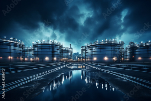 Medium shot of oil and gas terminal storage tanks of industrial plant or industrial refinery factor with a cloudy sky at night  the future of energy © pangamedia