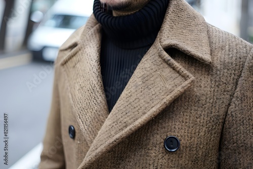 Man in a coat and turtleneck sweater standing on a street photo