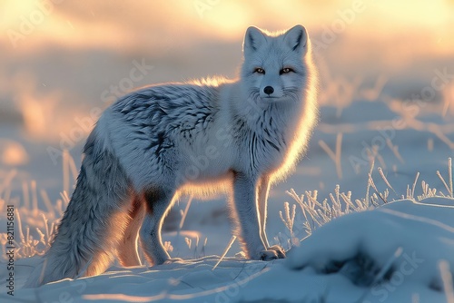 An arctic fox camouflaged against the snowy ice field  front view  illustrating adaptation and stealth  digital binary as object  Complementary Color Scheme