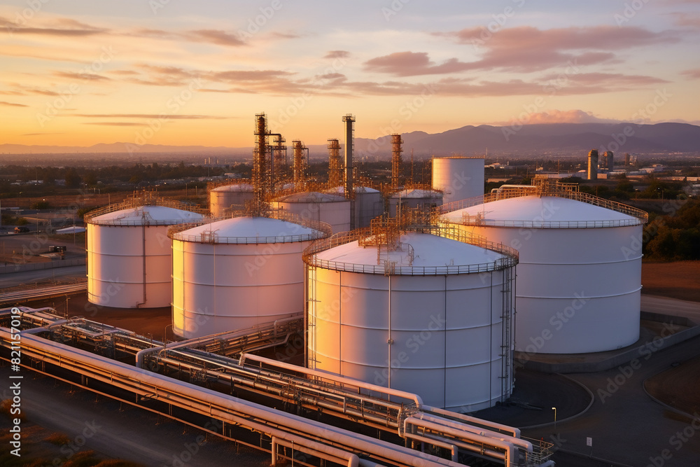 Obraz premium Aerial view of oil and gas terminal storage tanks of industrial plant or industrial refinery factor with a clear sky at sunset; the future of energy