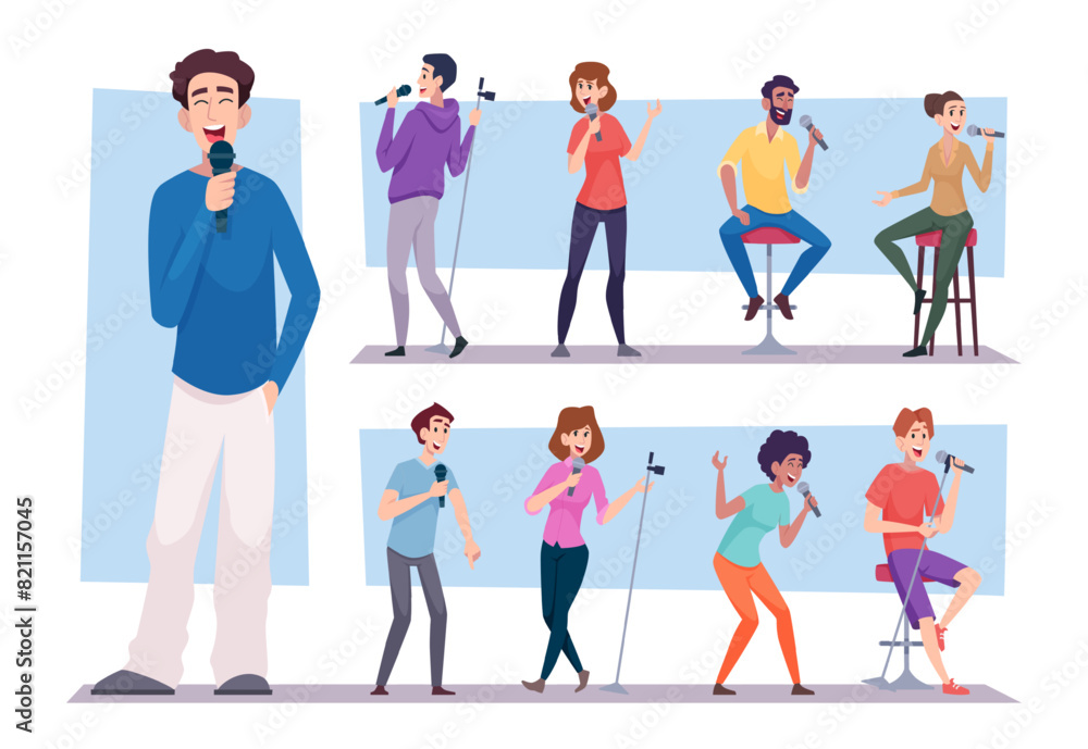 Standup comedy. Open mic joking show comedian characters in club stage exact vector cartoon illustrations Standup comedy. Open mic joking show comedian characters in club stage exact vector cartoon illustrations