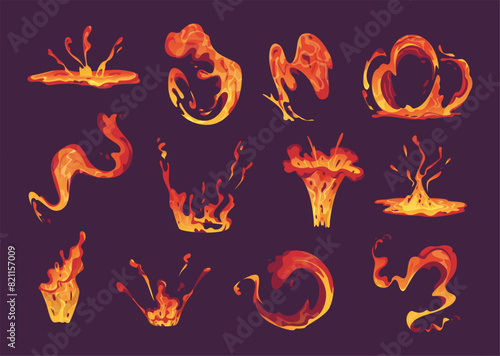 Lava splashes. Bulbs of burning liquid flowing volcano lava exact vector cartoon yellow animation templates