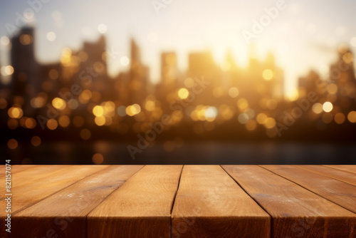 Empty wooden planks or tabletop in front of a blurred bokeh city with water drops and maximalist background a product display background or wallpaper concept with backlighting