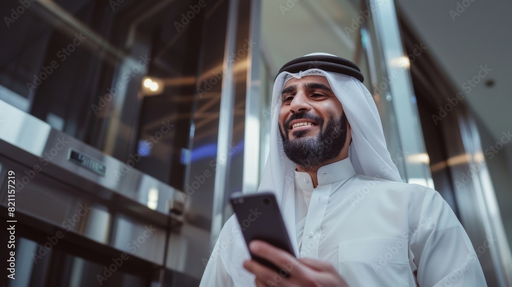 Using Smartphone, a successful Muslim businessman rides a glass elevator to his office in a modern business center. The concept is Saudi, Emirati, Arab and businessman using smartphones in modern Using Smartphone, a successful Muslim businessman rides a glass elevator to his office in a modern business center. The concept is Saudi, Emirati, Arab and businessman using smartphones in modern