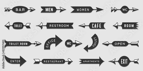 Direction arrows. Navigation guide route pointers recent vector arrow signs with text