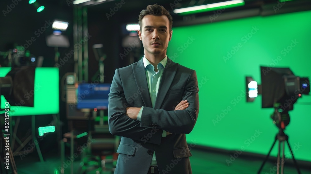 An attractive white male presenter stands in a newsroom studio, using a big green Chroma Key screen. The host talks about news and weather. Mock-up of a cable channel. An attractive white male presenter stands in a newsroom studio, using a big green Chroma Key screen. The host talks about news and weather. Mock-up of a cable channel.