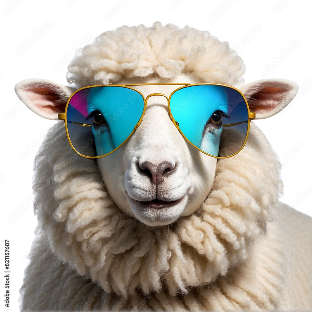 black and white sheep with sunglasses isolated on a transparent background