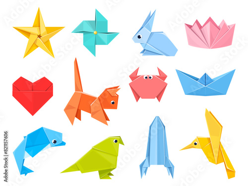 Colorful origami elements. Folded colored paper sheets, polygonal geometric shapes, japanese art and hobby, animals and objects, ship and bird, vector cartoon flat isolated set