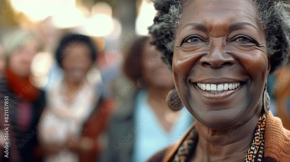 Hyper-detailed and ultra HD portrait of a smiling African American senior woman standing with multiracial friends in the background Hyper-detailed and ultra HD portrait of a smiling African American senior woman standing with multiracial friends in the background
