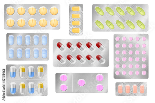 Colored pills. Different colorful medical tablets, individually packed, antibiotic or vitamin, painkiller capsule in container. Drugs in packaging. Realistic isolated elements. Vector set