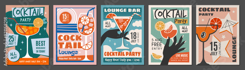 Alcohol party. Poster invitation for cocktails party recent vector templates placards for night club