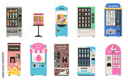 Cartoon vending machines with snacks. Automatic sellers, assortment of drinks and food, candy sweets, toys, pop corn, coffee, cotton candy, ice cream and water in bottles. Tidy vector set