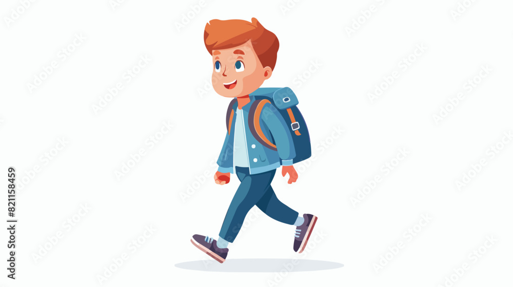 Cute little smiling boy walking with backpack. Funny