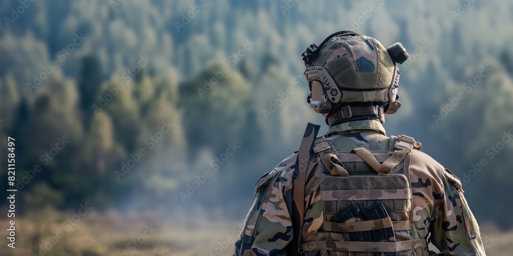 Fototapeta premium The back view of a camouflaged soldier gazing towards a dense forest, depicting military vigilance and strategy