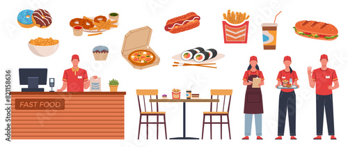 Cartoon fast food workers. Bistro waiters in uniform, cafe elements, furniture, products and packaging in flat style, pizza burger and donuts, sandwich and asian meal, nowaday vector set