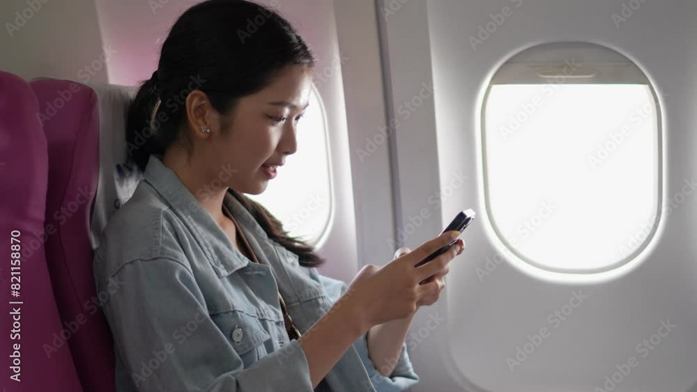 An Asian female tourist is using a smartphone to play games to pass the time while traveling abroad by plane